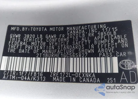 2016 Toyota Corolla Le from USA, damaged, VIN 2T1BURHE1GC565827